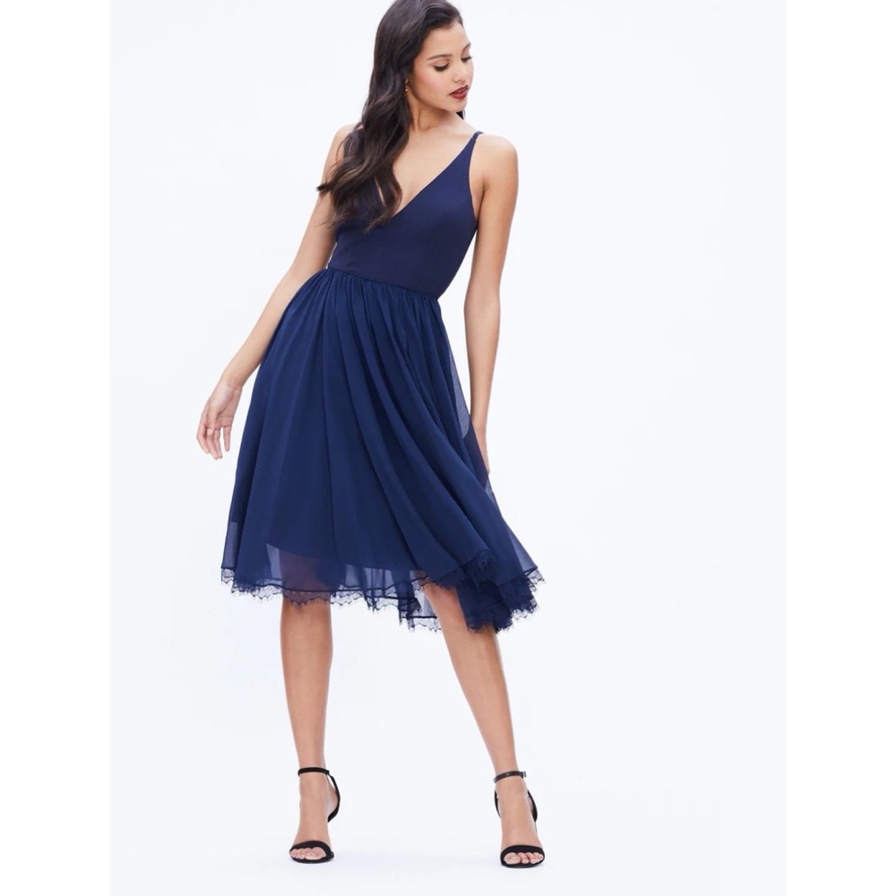NEW Dress the Population Alicia Dress Chiffon Mixed Media Midnight Navy Blue XS